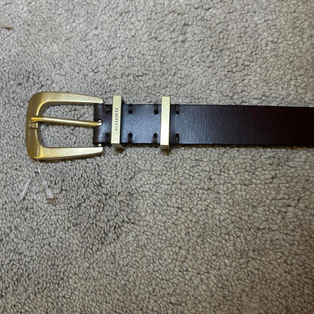 NWT AllSaints Romy Dark Brown Leather Metal-Tip Belt XL